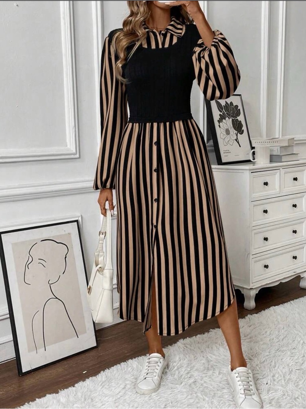 SHEIN Black and Beige Striped Maxi Dress with Button Front